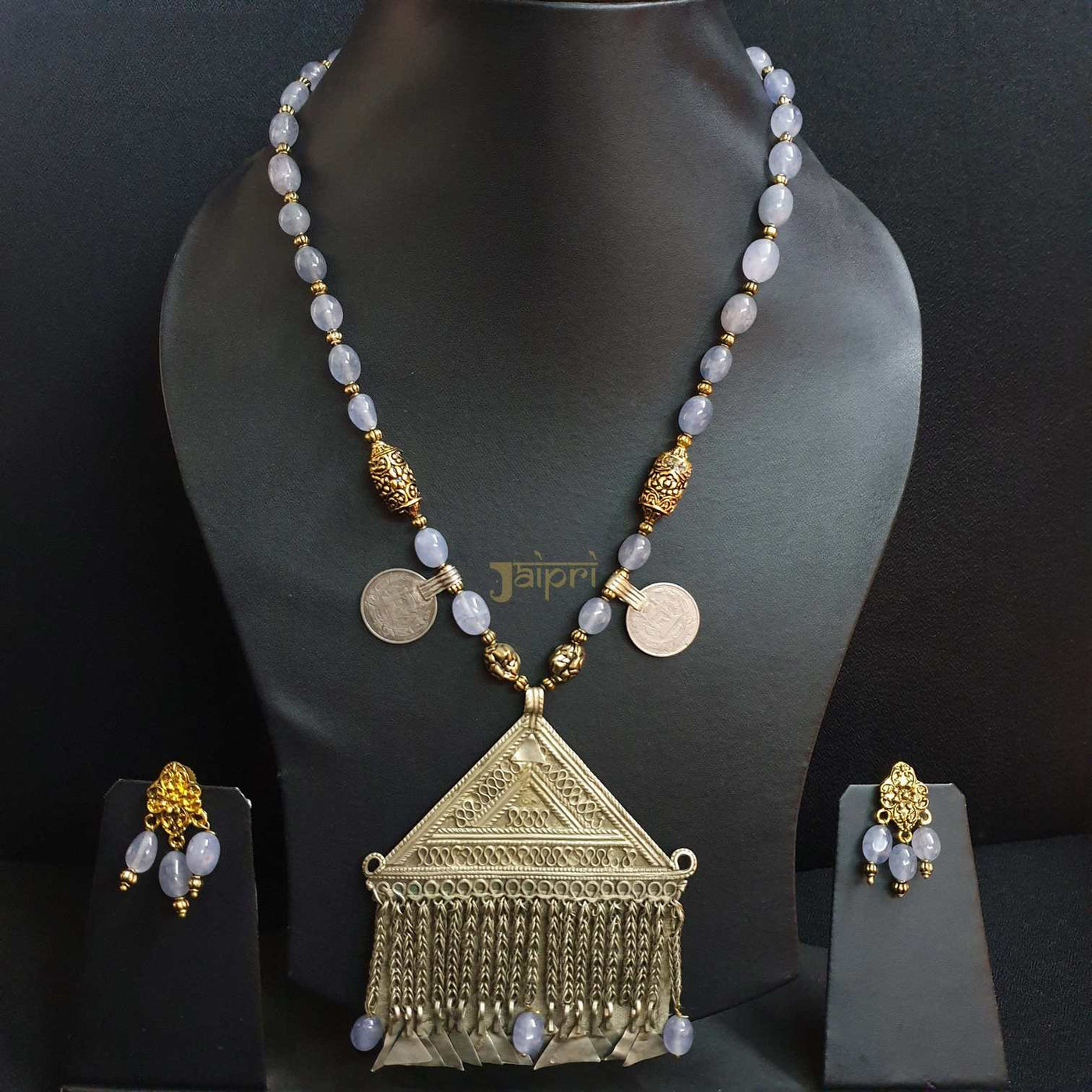 Triangle Design & Grey Stone Beads Necklace With Earrings