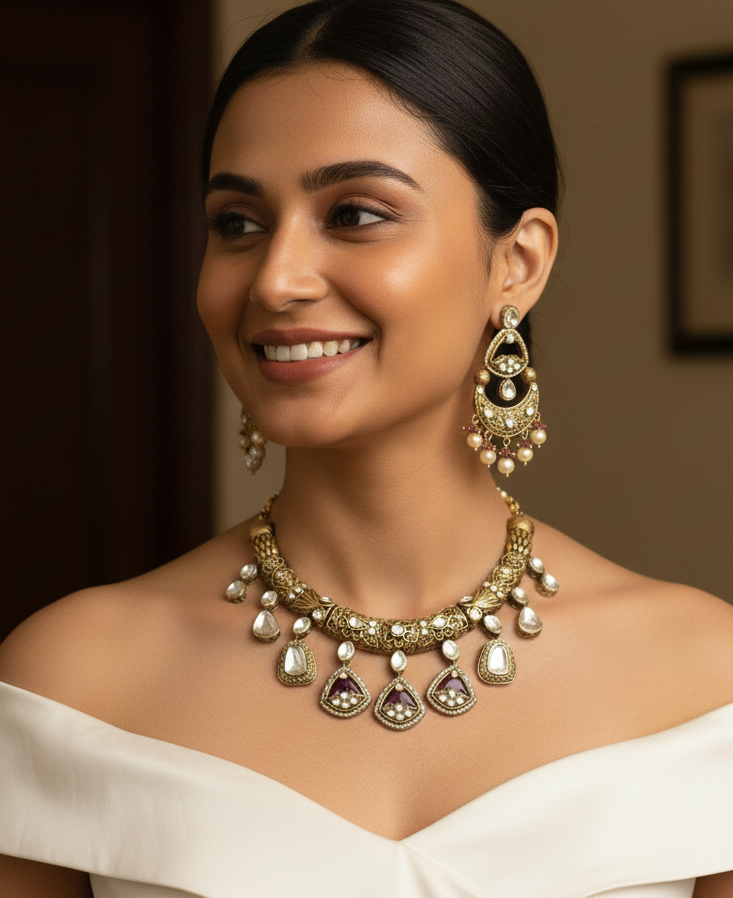 Antique Gold Kundan Polki Ruby Bead Hasli Necklace