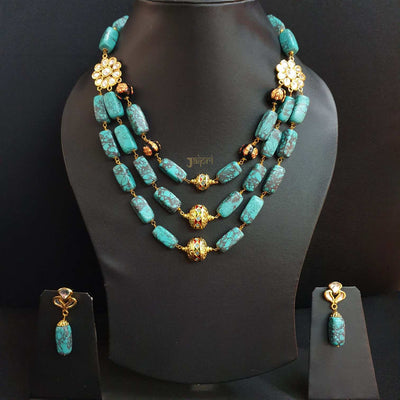 Floral Kundan Turquoise Beads Stone Necklace With Earrings