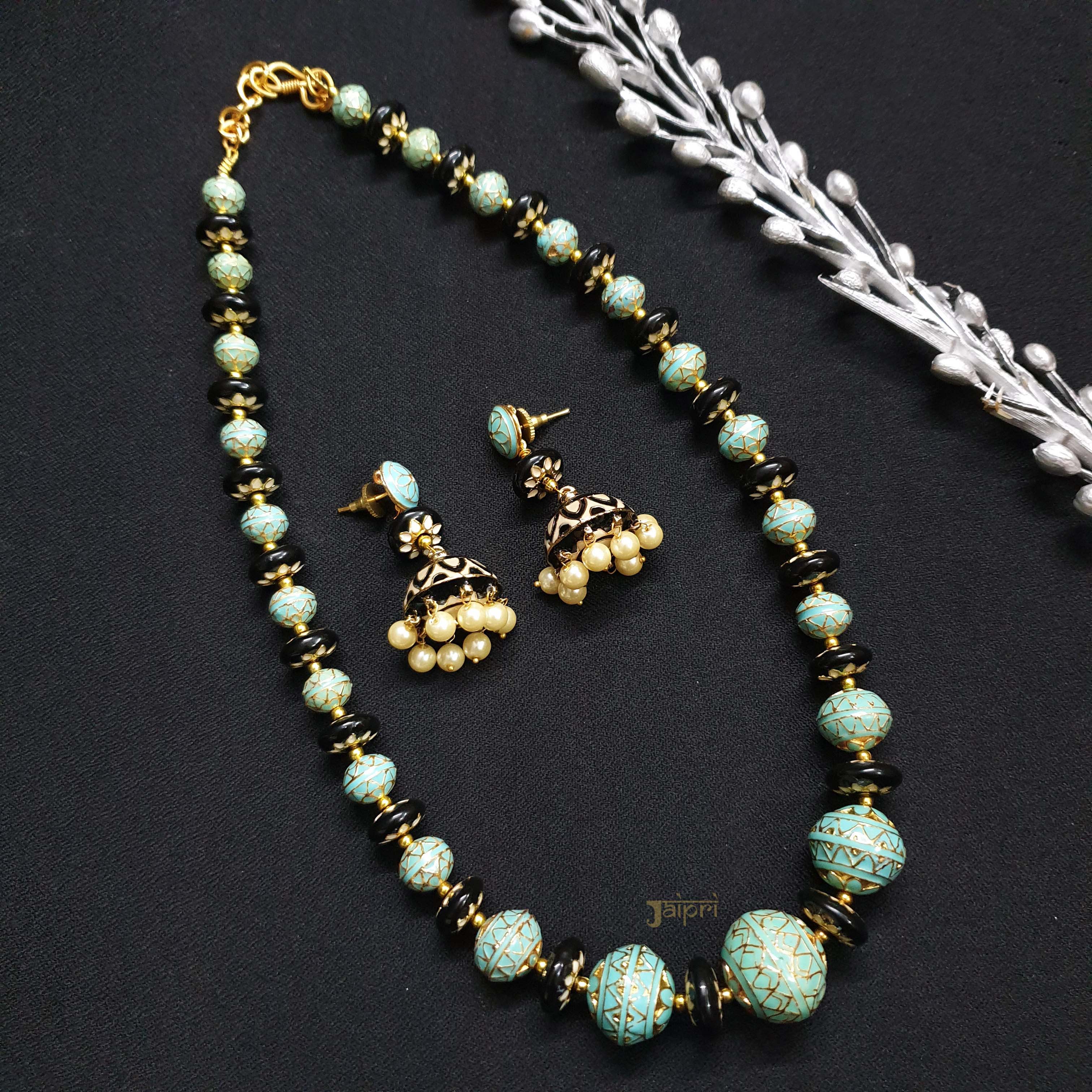 Turquoise And Black Meenakari Beads Necklace With Earrings