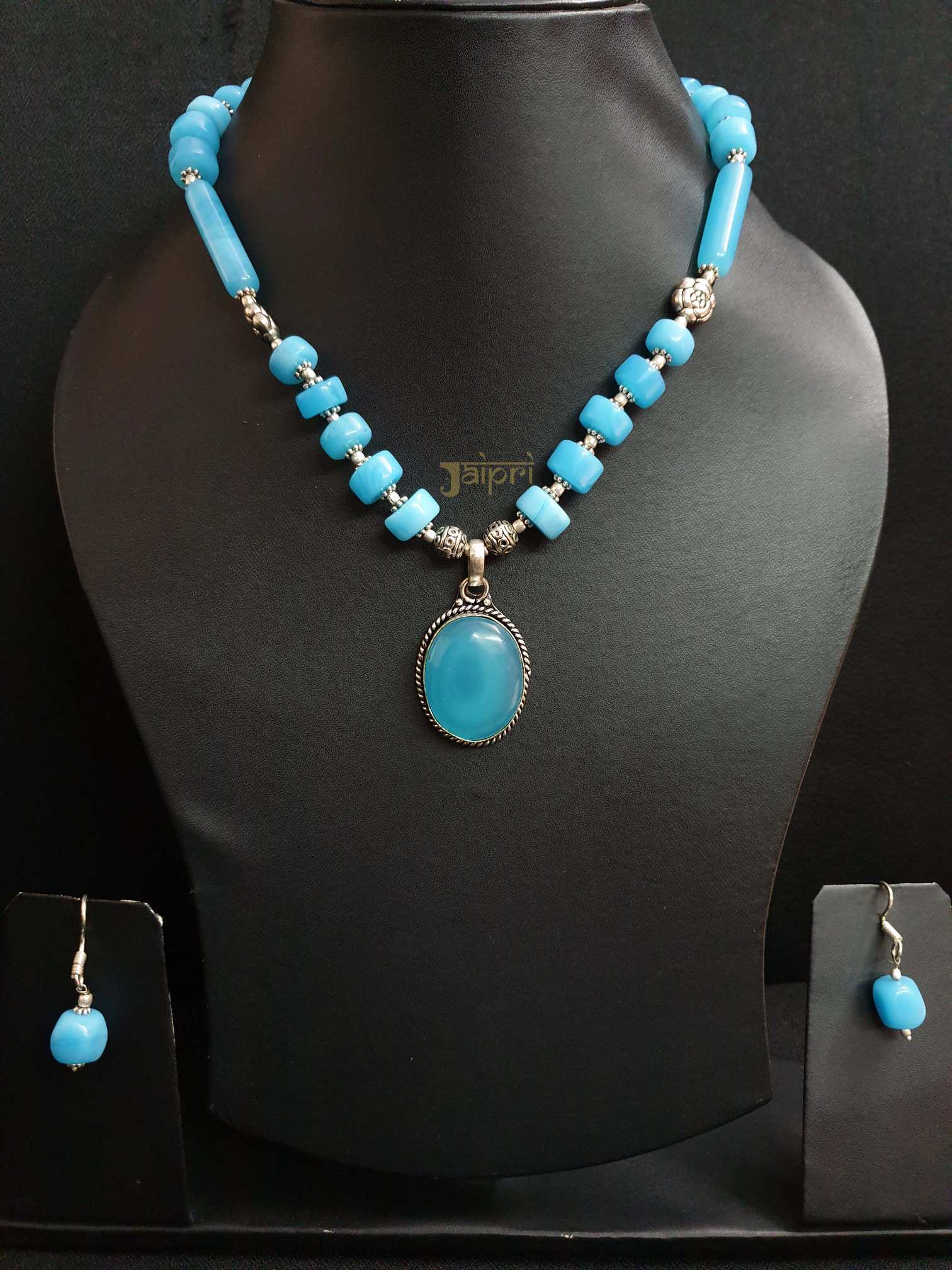 Adorable Turquoise Beads Stone, Oval Necklace With Earrings
