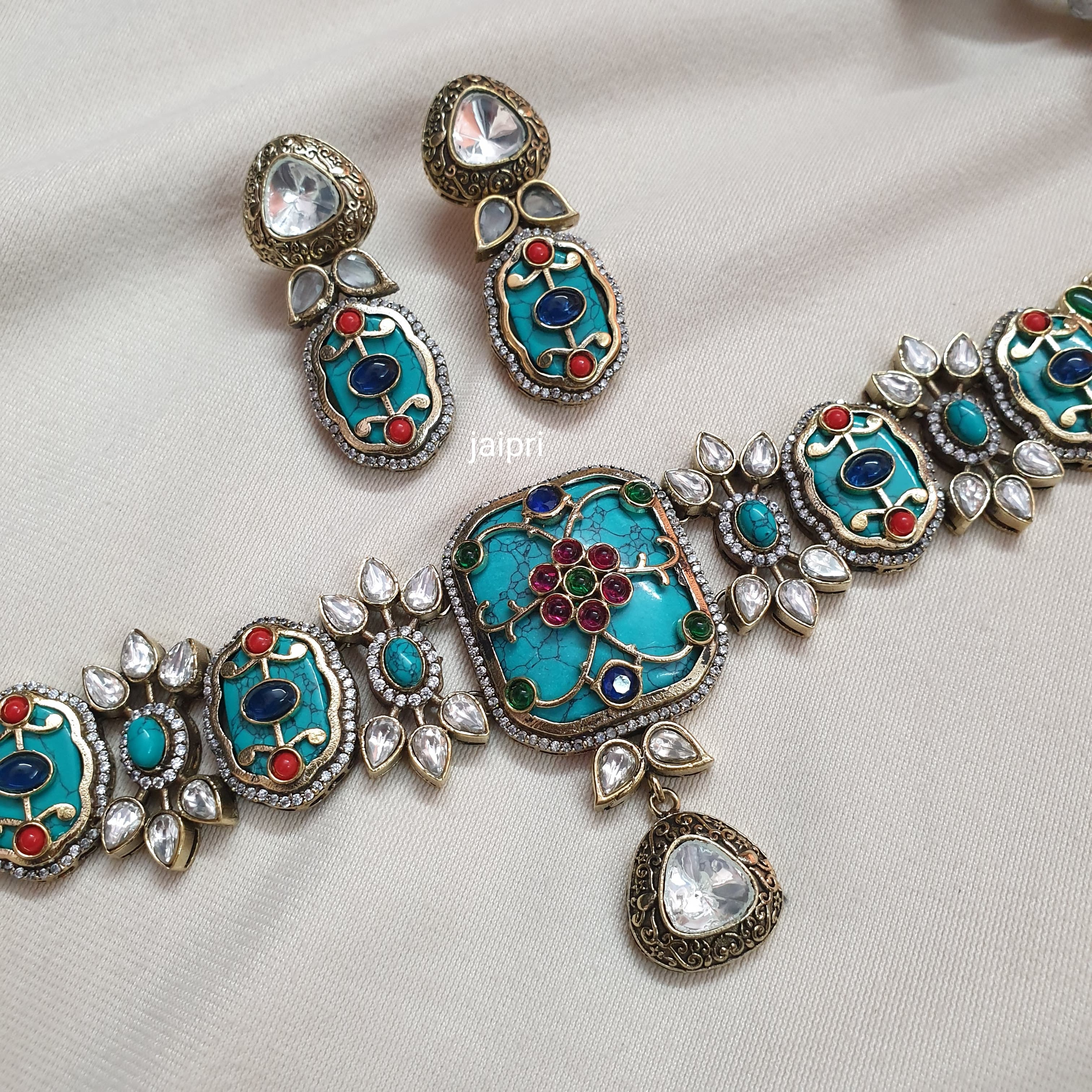 Turquoise Stone Moissanite Kundan Choker Necklace