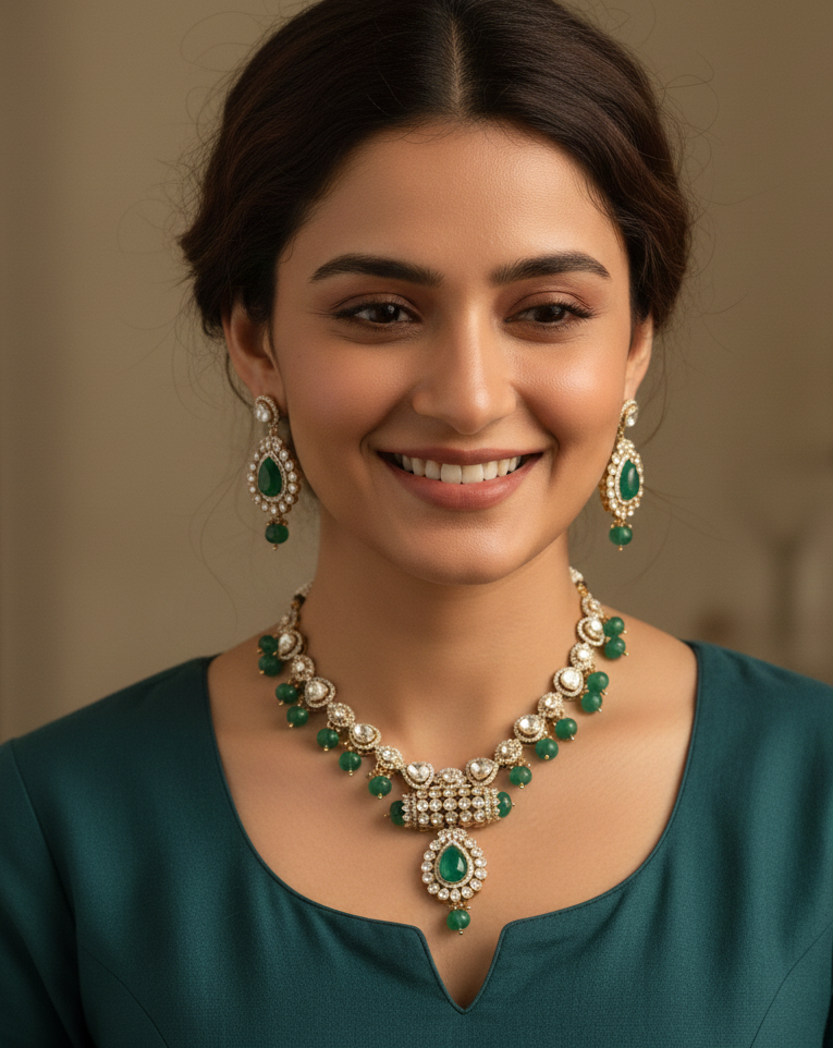 Champagne Kundan Polki Necklace Set With Emerald Pumpkin Beads