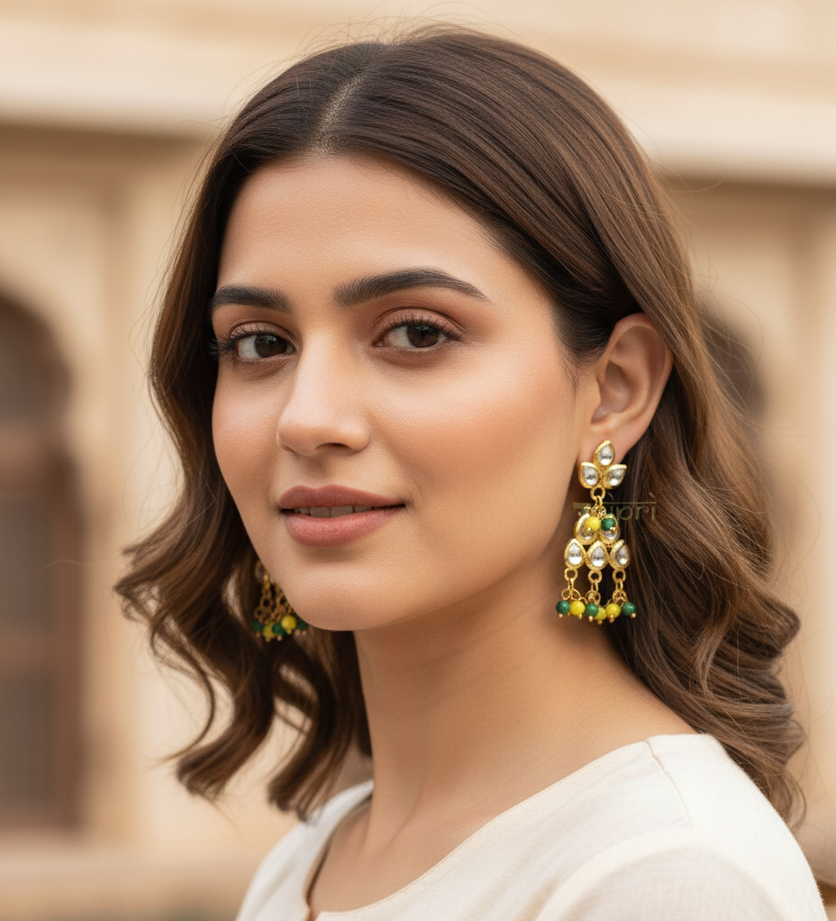 Yellow Beaded Kundan Earrings