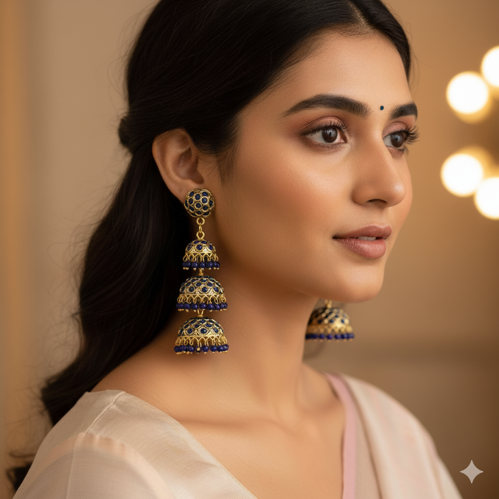 Blue Stone Three Layers Jhumki  Earrings