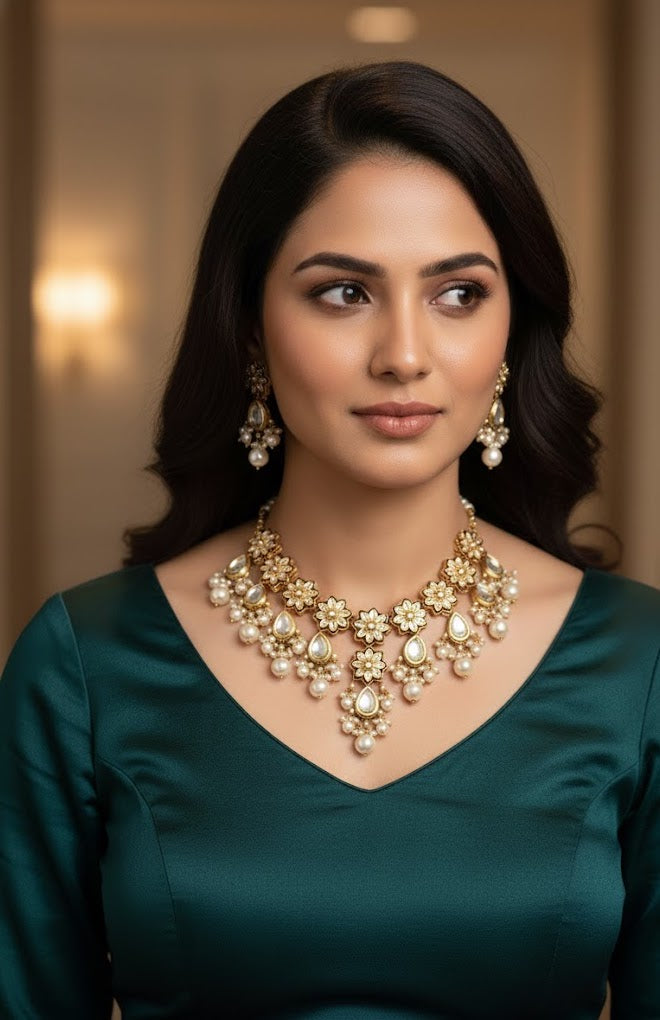 Maroon Floral Kundan Meenakari Necklace Set With Earrings