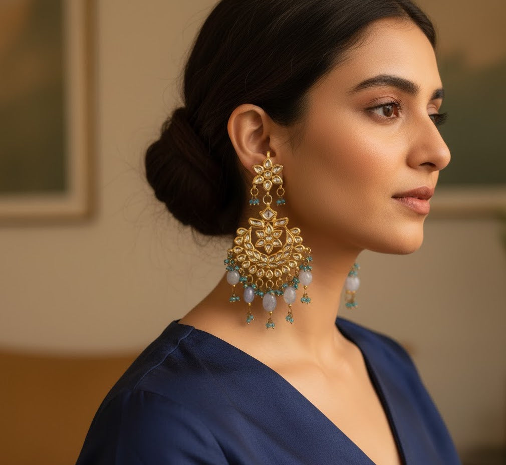 Grey Kundan Chandbali Earrings