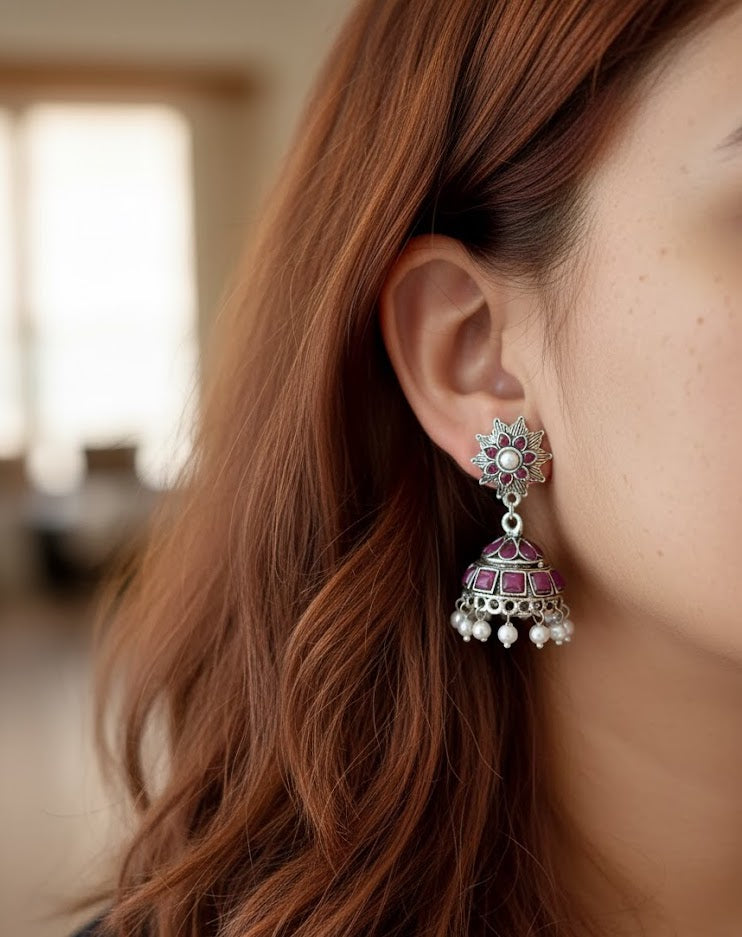 Magenta Oxidised Silver Jhumki Earrings