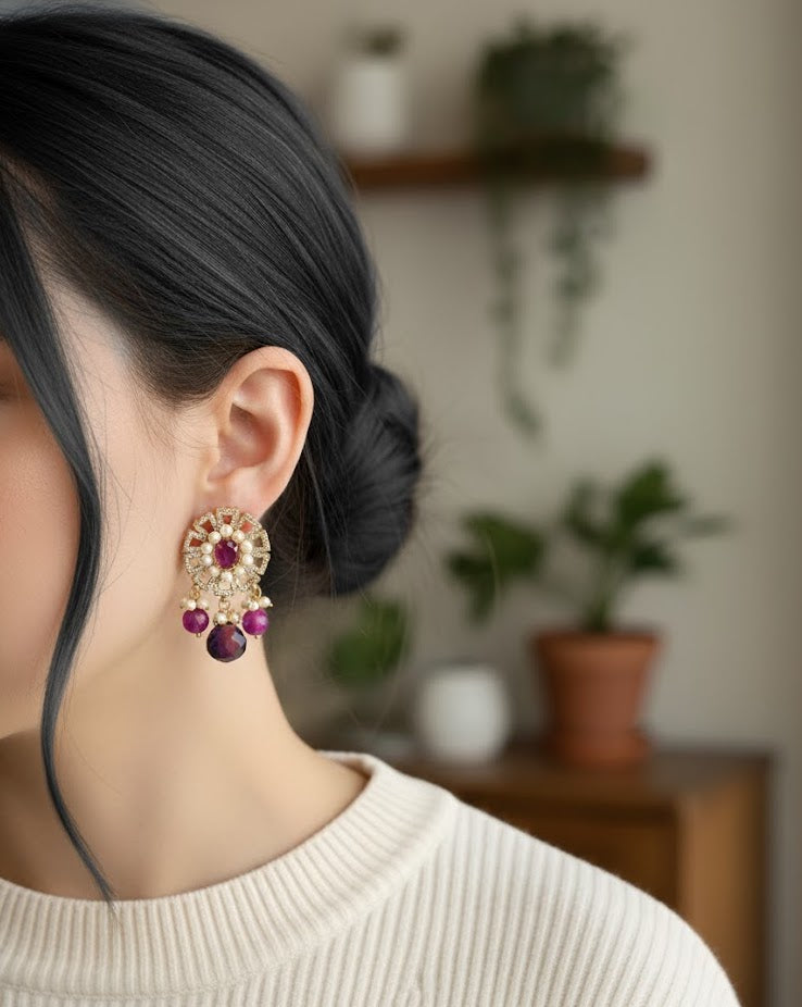 Purple American Diamond Pearl Earrings