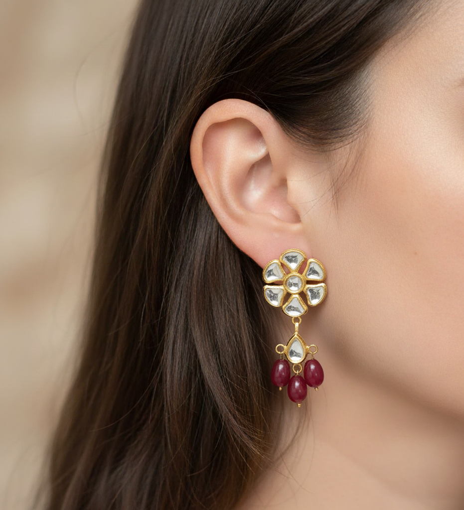 22k Gold Plated Maroon Floral Kundan Drop Earrings