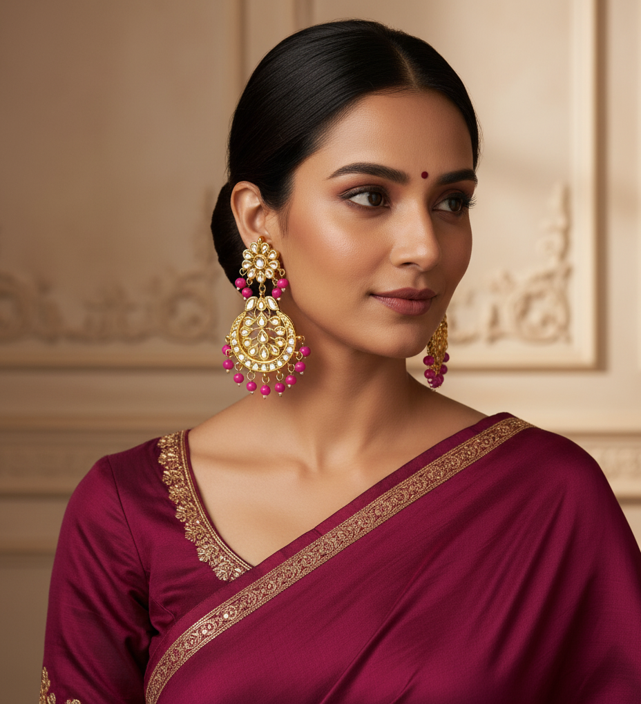 Pink Kundan Chandbali Earrings