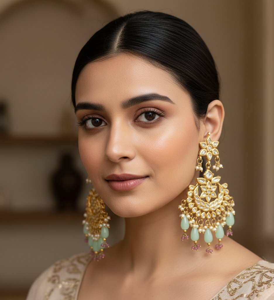 Mint Kundan Chandbali Earrings