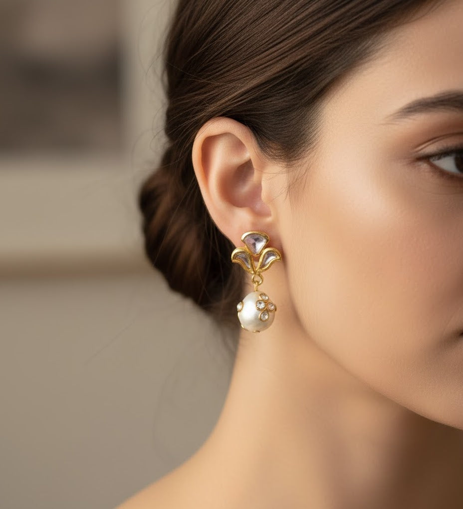 22k Gold Plated Pearl Drop Kundan Earrings