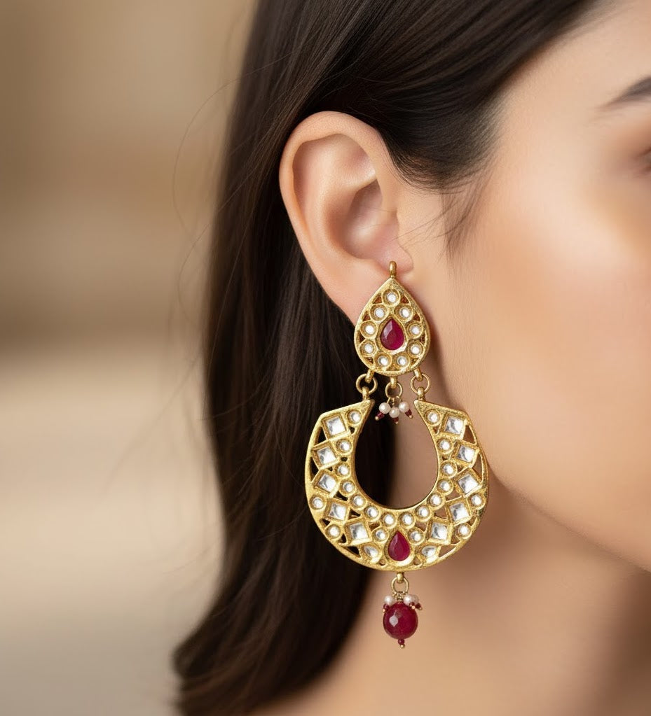 Red Stone Kundan Chandbali Earrings