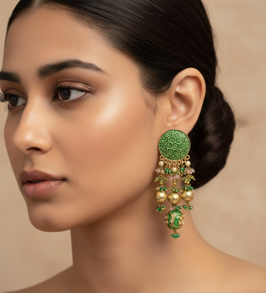 Green Engraved Stone Floral Handpainted Earrings