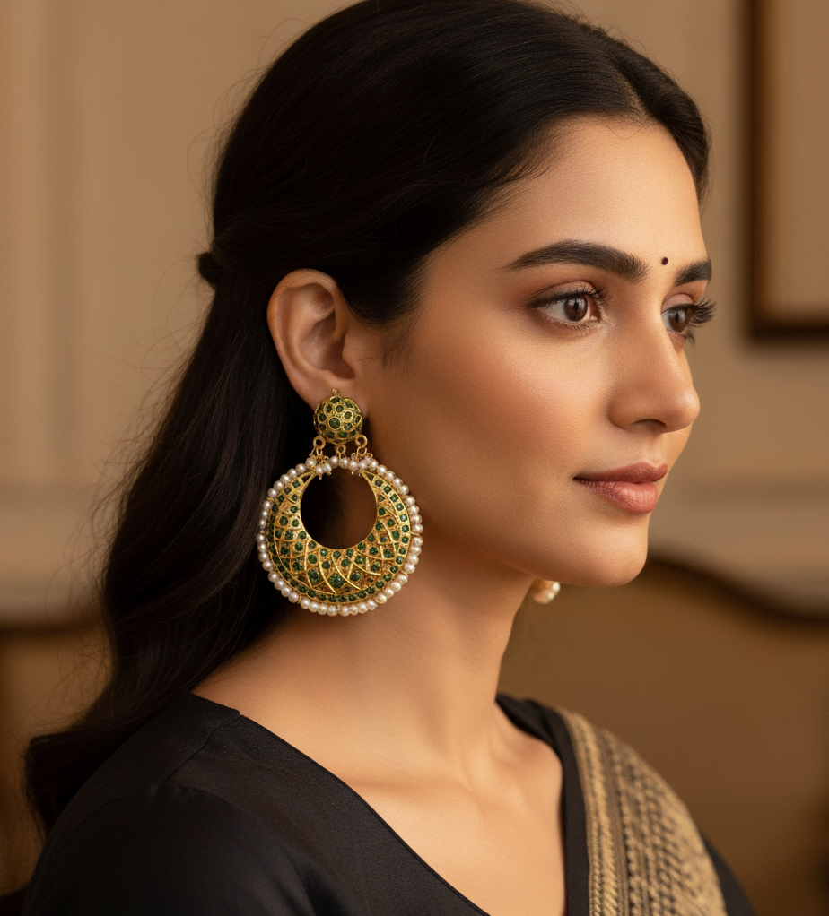 Green Jadau Chandbali Earrings
