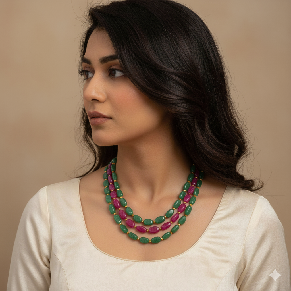 Emerald Green & Pink Beads Stone Long Necklace