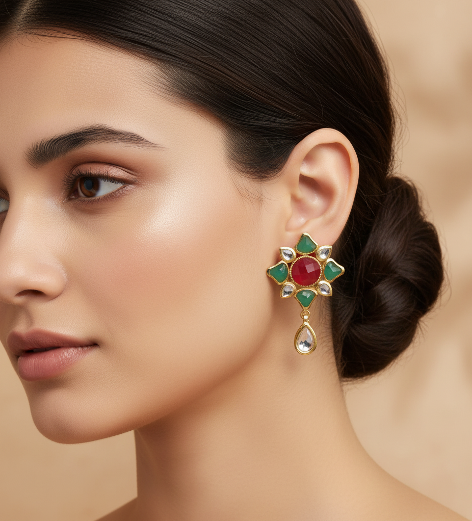 22k Gold Plated Green Kundan Studs Earrings