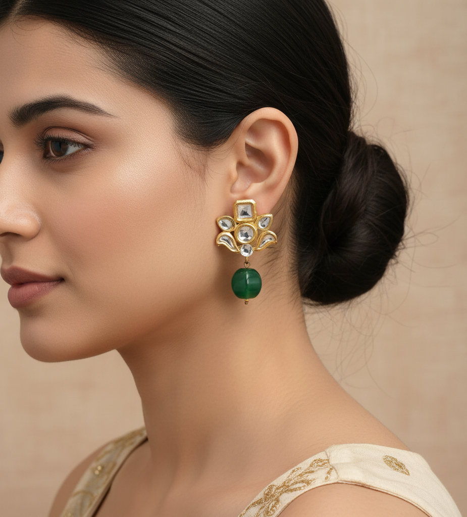 22k Gold Plated Green Drop Kundan Studs Earrings