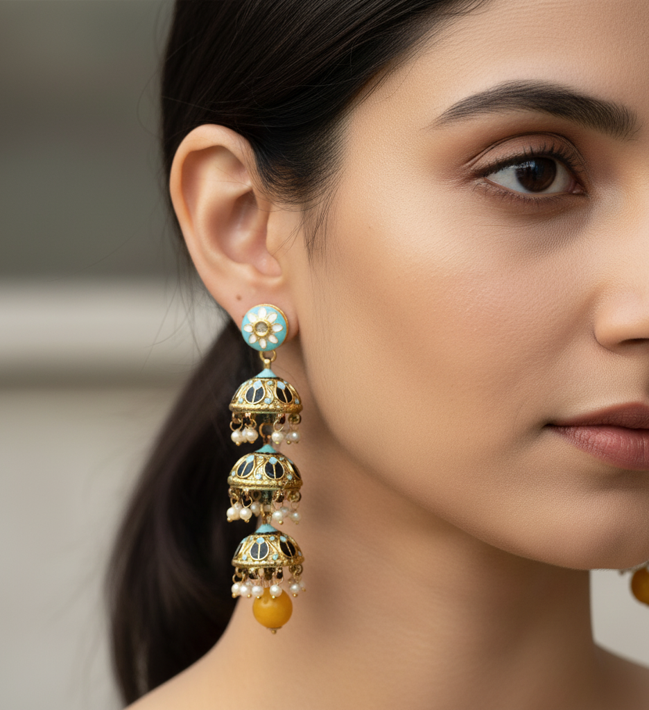 Turquoise Meenakari Layered Jhumki Earrings