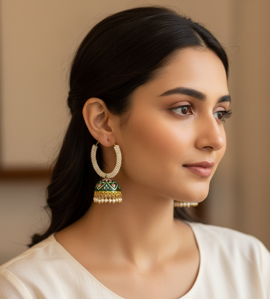Green Handpainted Hoop Earrings With Jhumki