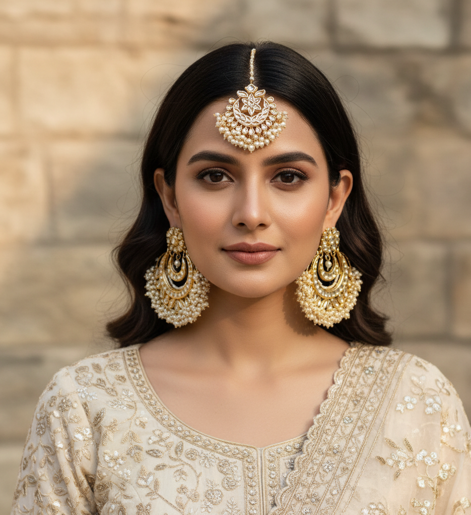 Kundan Chaandbali Earrings With Maangtikka