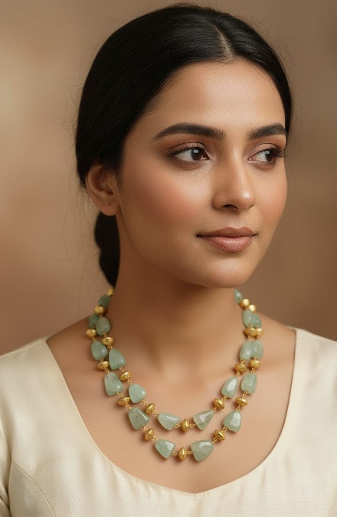 Green Stone Necklace Set With Golden Beads