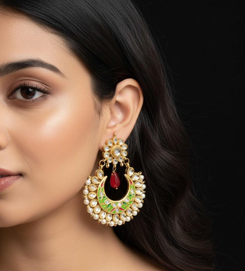 Green Meenakari Chandbali Earrings