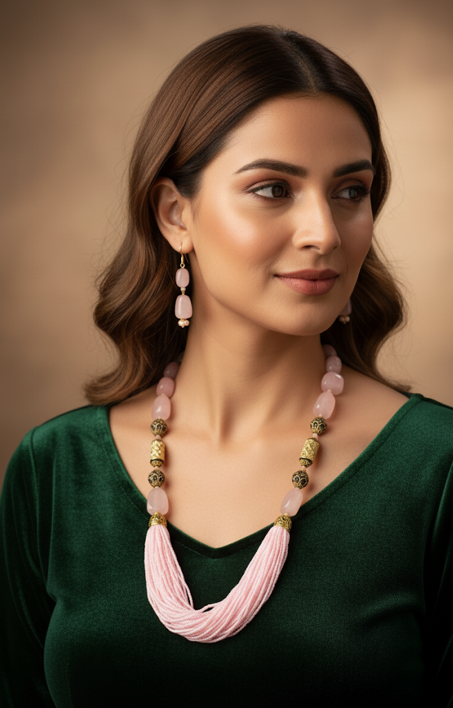 Light Pink Seed Beaded Stone Necklace Set
