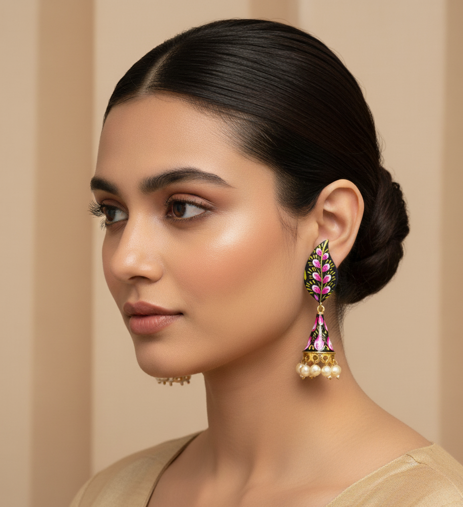 Black Handpainted Jhumki Earrings