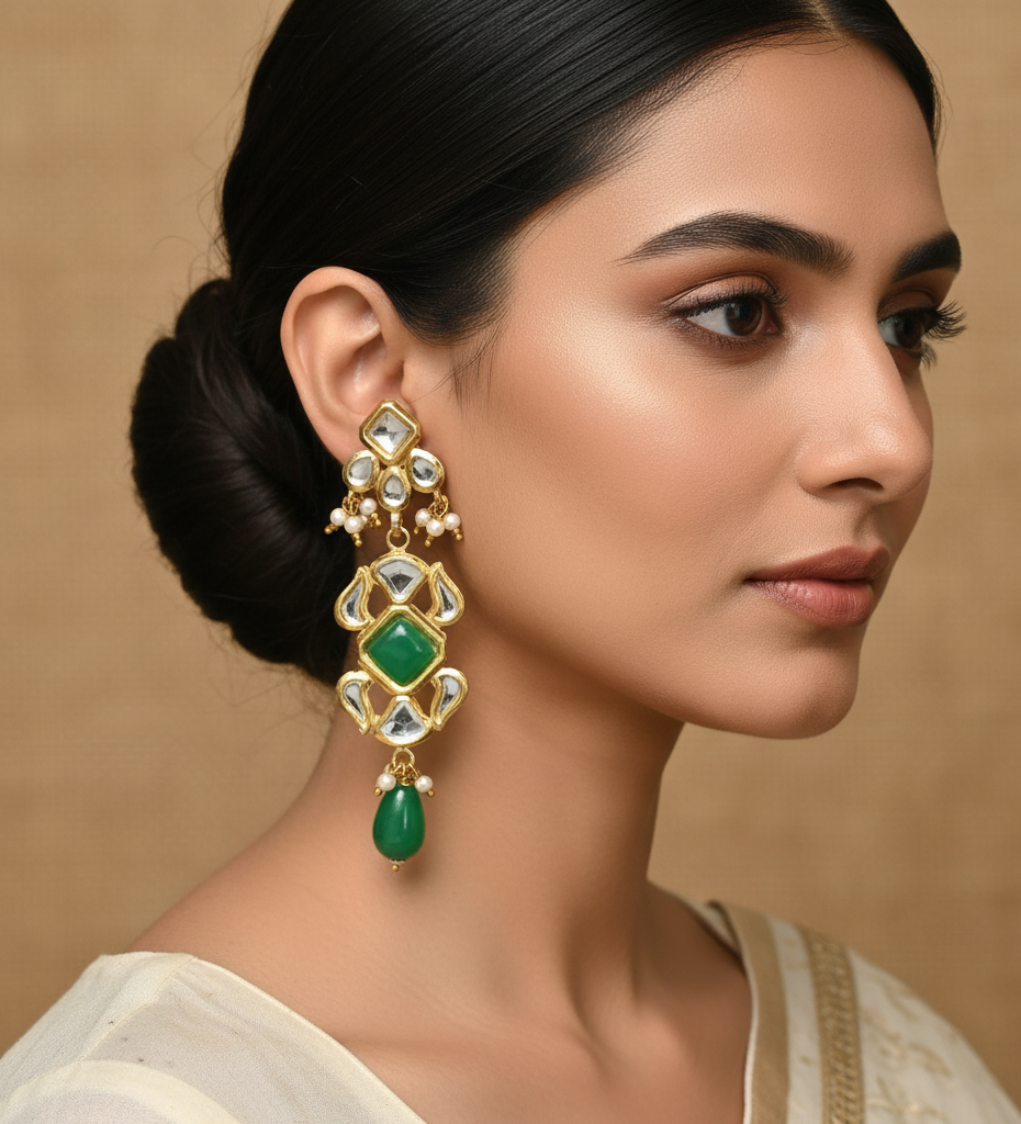 22k Gold Plated Emerald Green Stone Kundan Earrings
