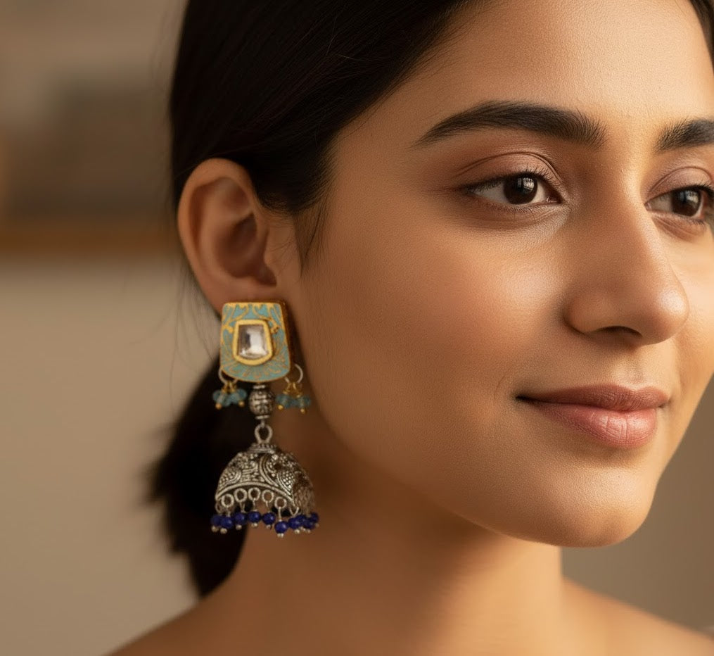 Blue Meenakari Oxidised Silver Jhumki Earrings