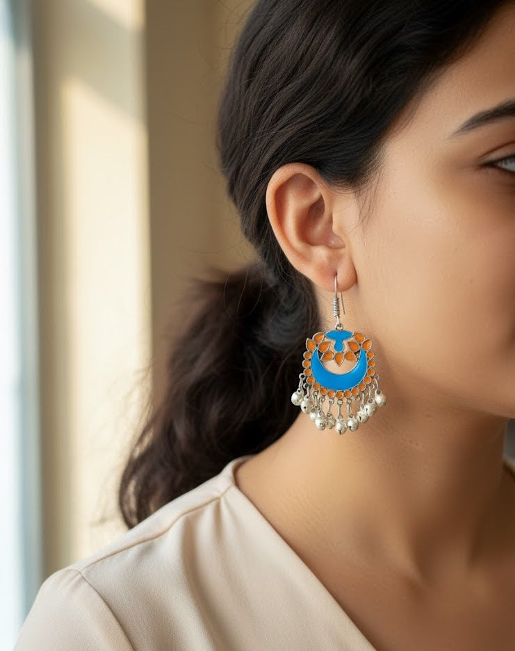 Blue Orange Afghani Oxidised Silver Earrings