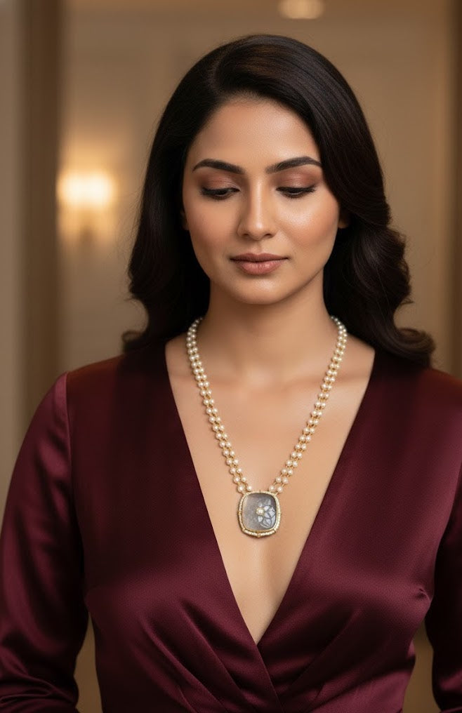 Grey Carving Kundan Stone Small Pearl Layered Necklace