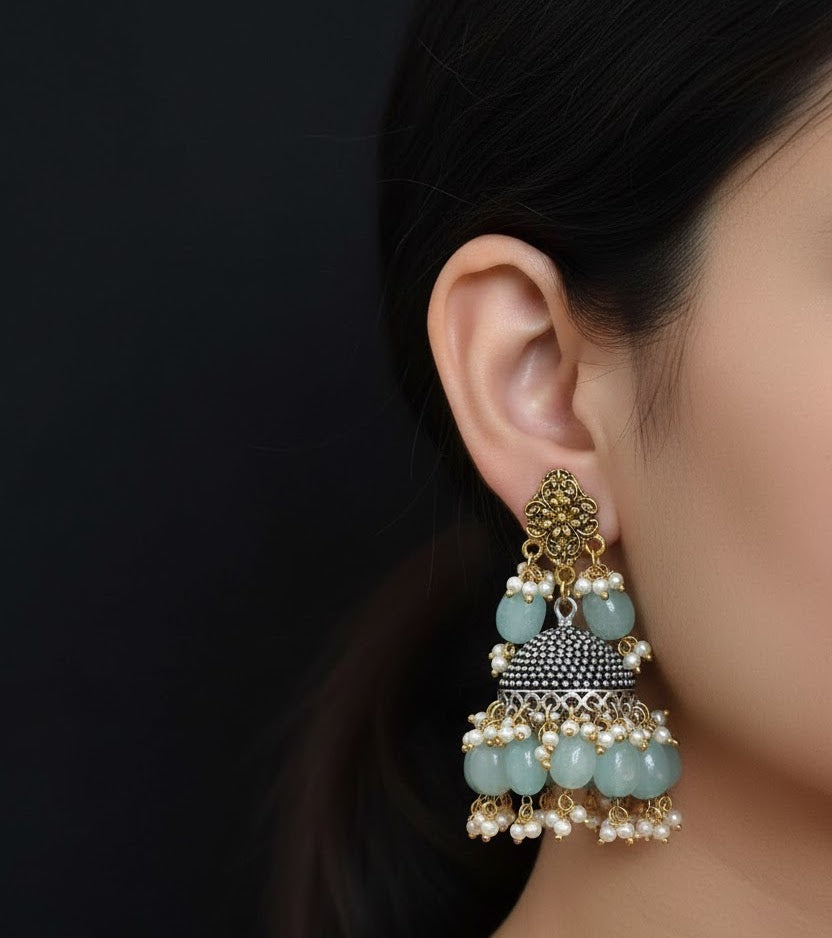 Blue Dual Tone Silver Oxidised Jhumka Earrings