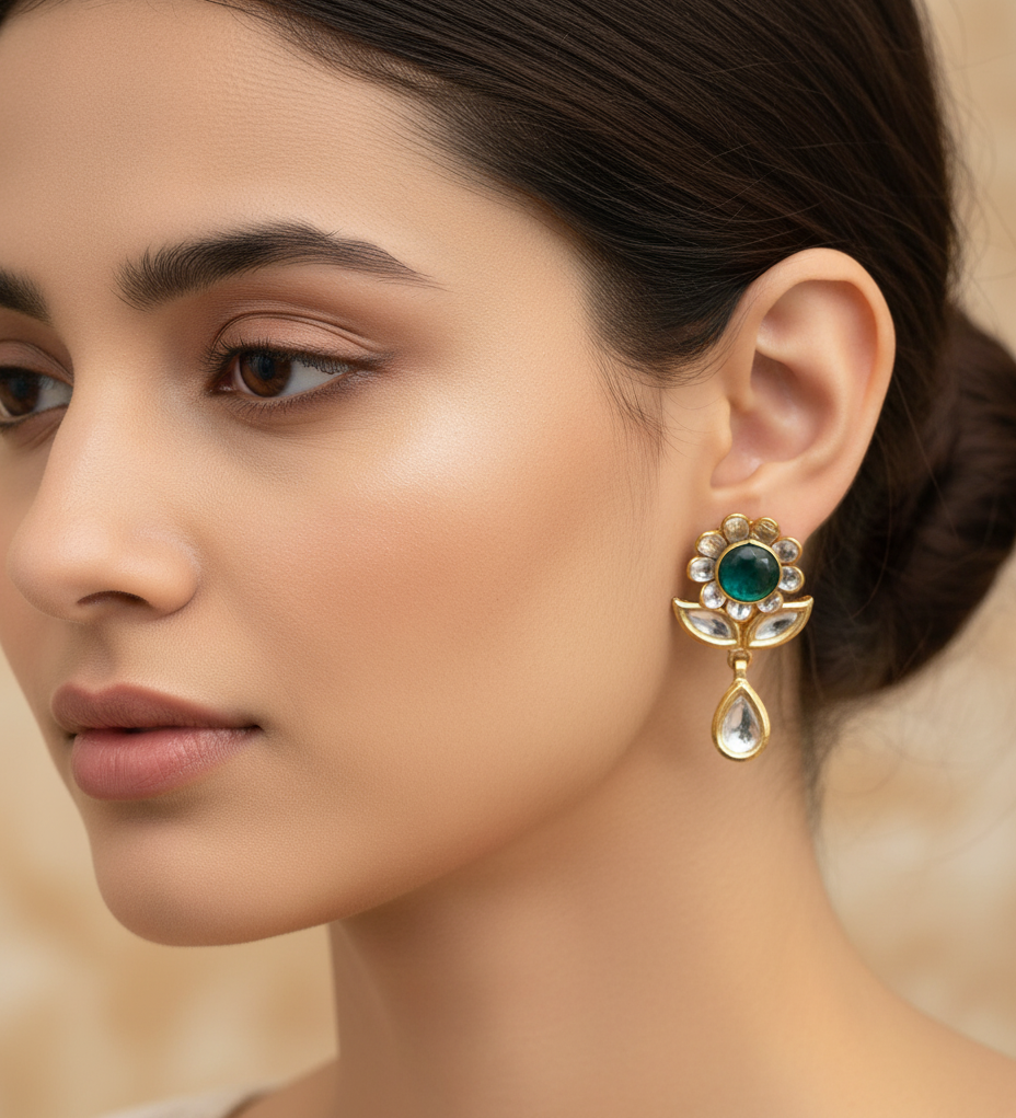 22k Gold Plated Emerald Stone Floral Kundan Earrings