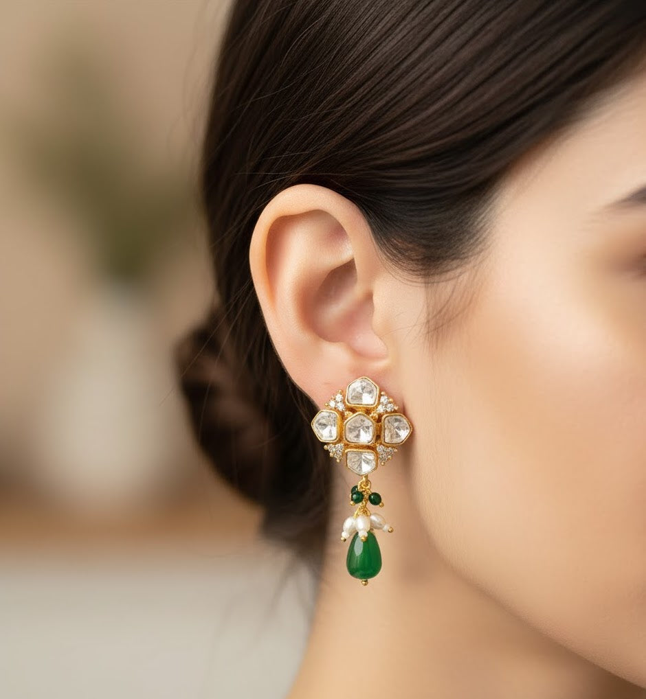 Emerald Stone Moissanite Kundan Polki Studs Earrings