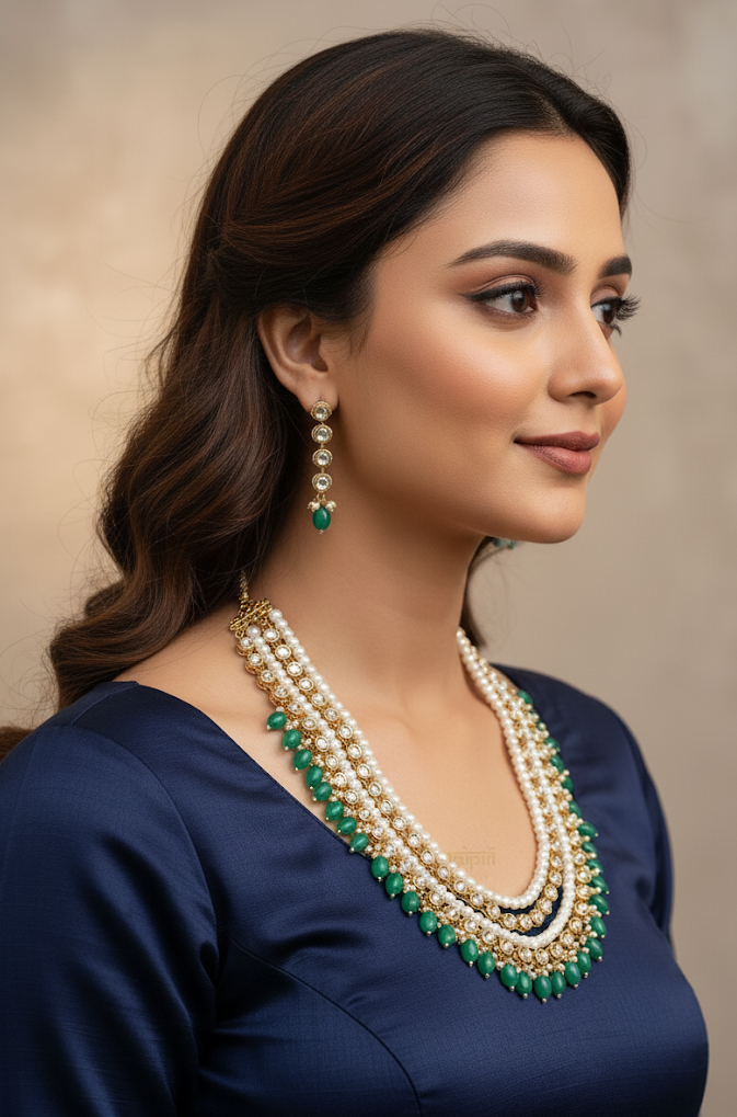 Green Kundan Stone Long Pearl Necklace With Earrings