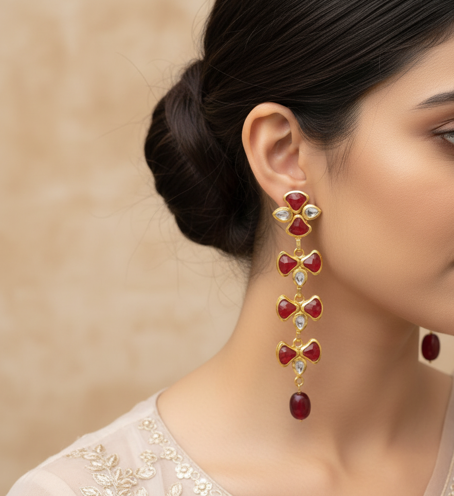 22k Gold Plated Red Kundan Long Earrings