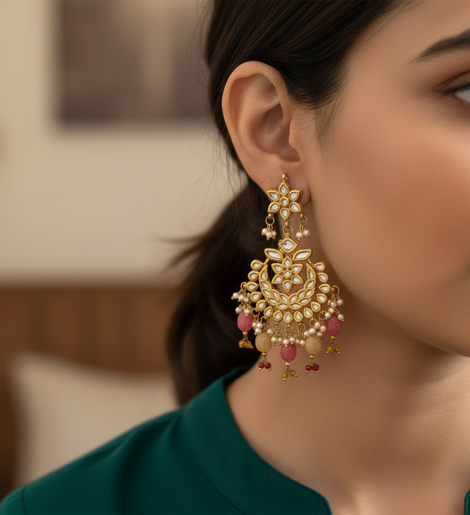 Yellow Peach Kundan Chandbali Earrings
