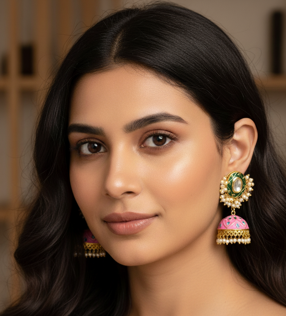 Pink Green Handpainted Jhumki Kundan Earrings
