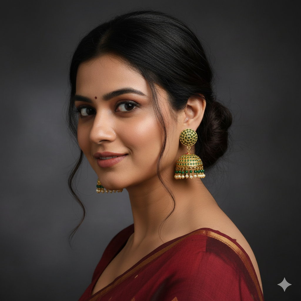 Green Stone Gold Jhumki Design Earrings