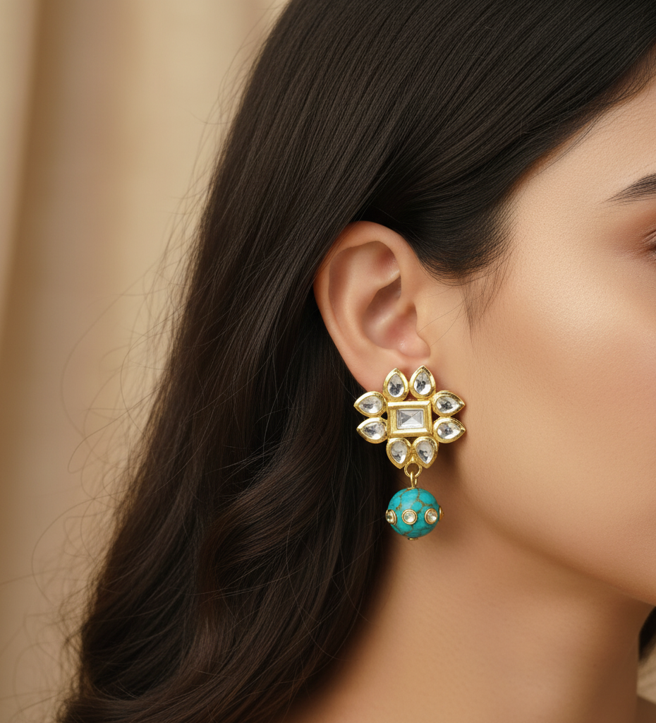 22k Gold Plated Turquoise Drop Kundan Earrings