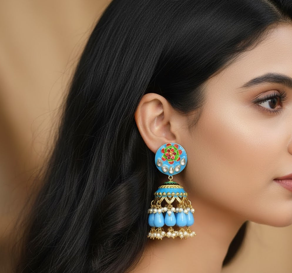 Blue Meenakari Jhumki Earrings