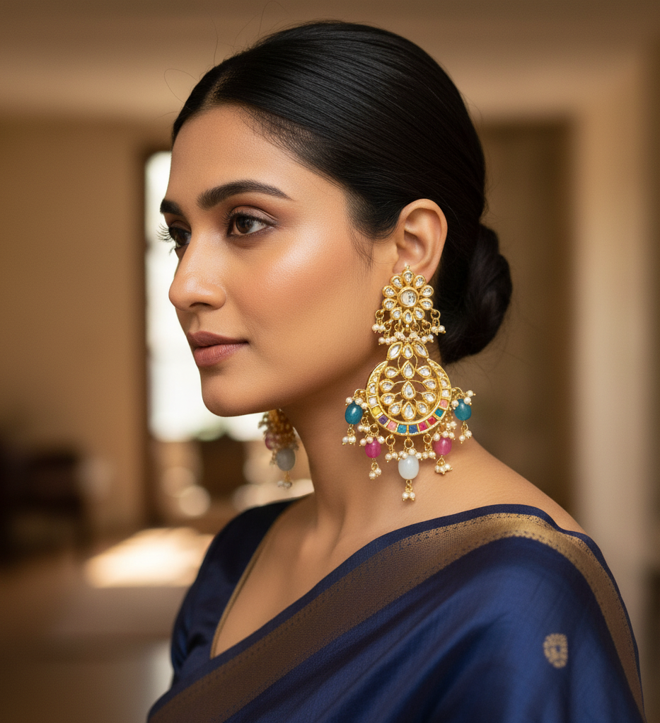 Multicolor Kundan Chandbali Earrings