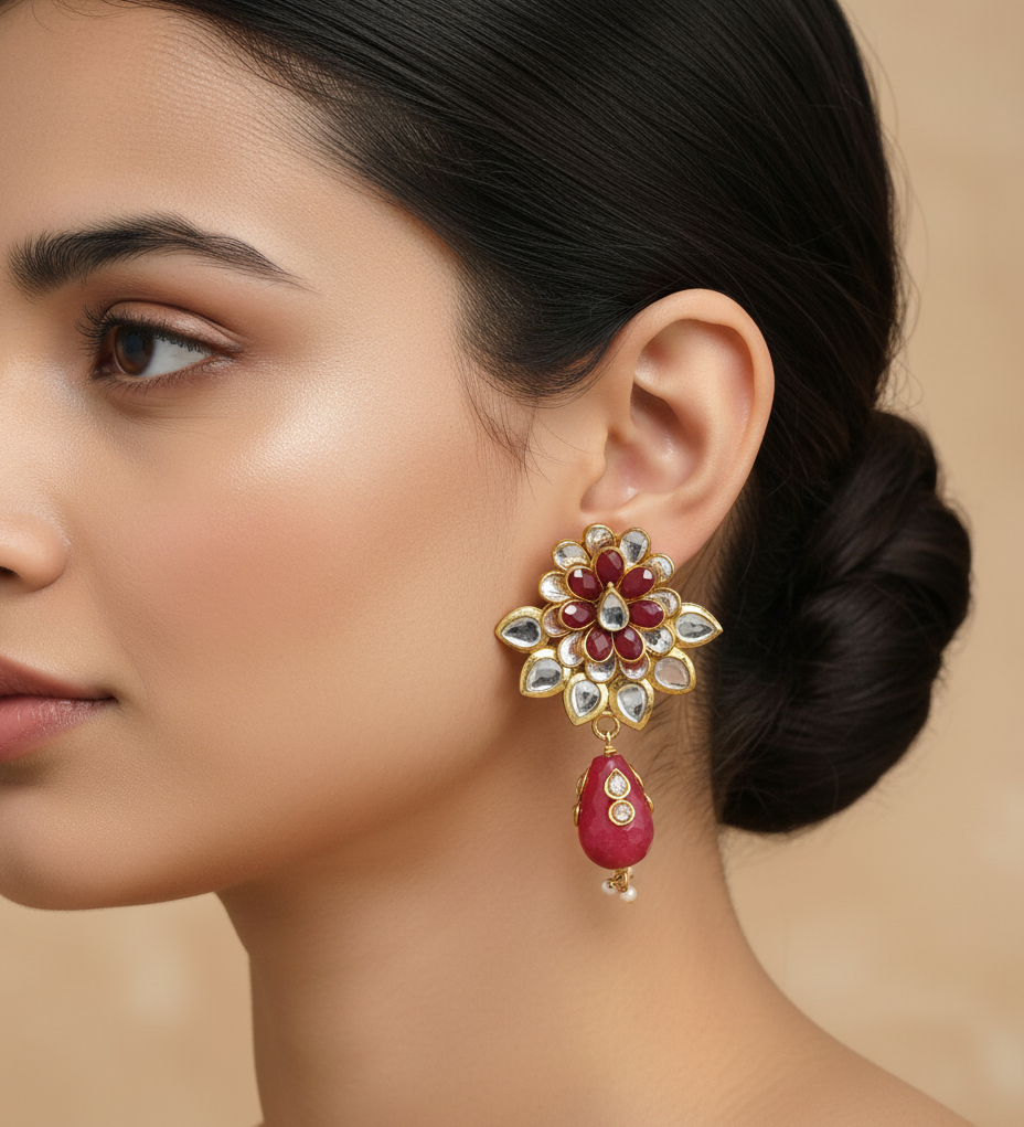 22k Gold Plated Red Floral Paachi Kundan Earrings