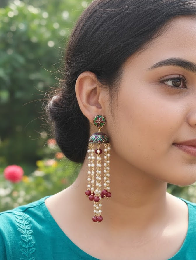 Maroon Meenakari Long Pearl Jhumki Earrings
