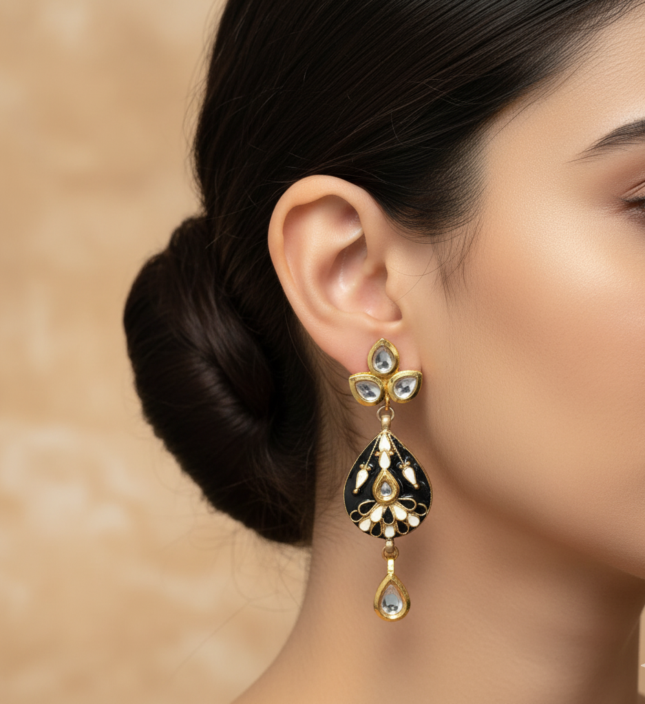 22k Gold Plated Black Meenakari Kundan Earrings