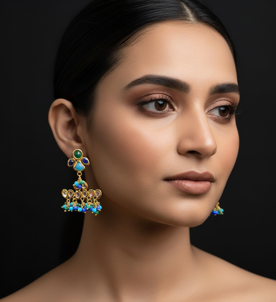 Blue Kundan Beaded Earrings