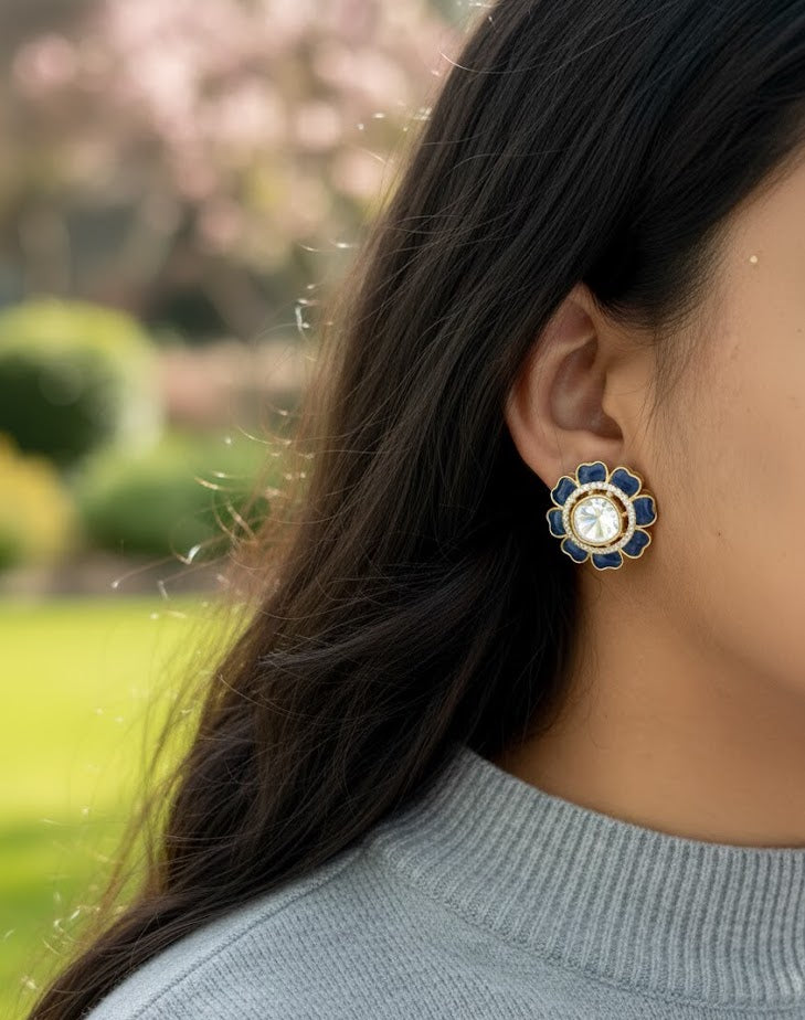 Blue Floral Meenakari Kundan Polki Earrings
